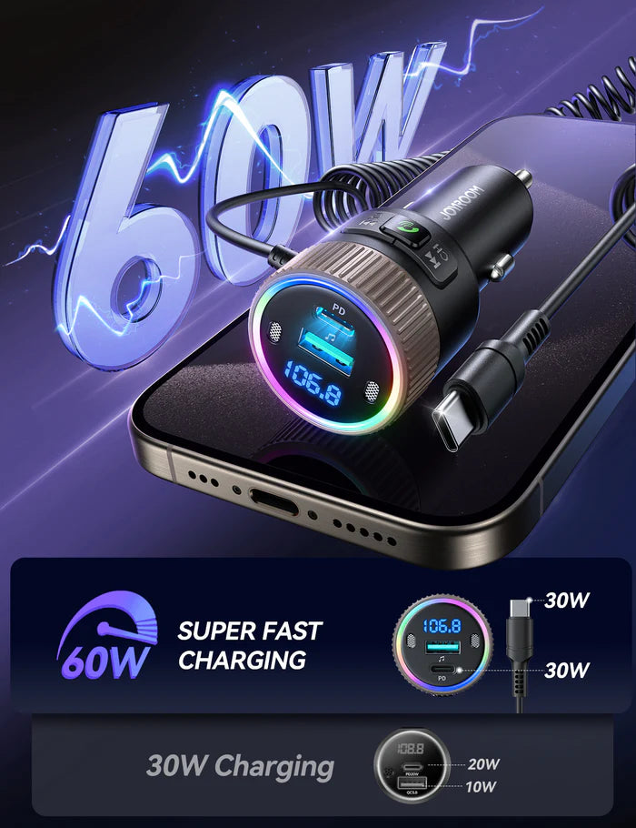 JOYROOM JR-CCB02 60W Wireless Car FM Transmitter – PD Fast Charger JOYROOM JR-CCB02 60W Wireless Car FM Transmitter – PD Fast Charger