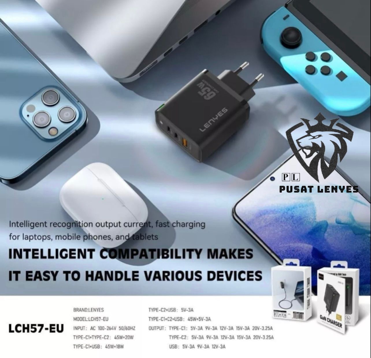LENYES LCH-57 GaN PD 65W Multi-Port Charger - Fast Charging LENYES LCH-57 GaN PD 65W Multi-Port Charger - Fast Charging