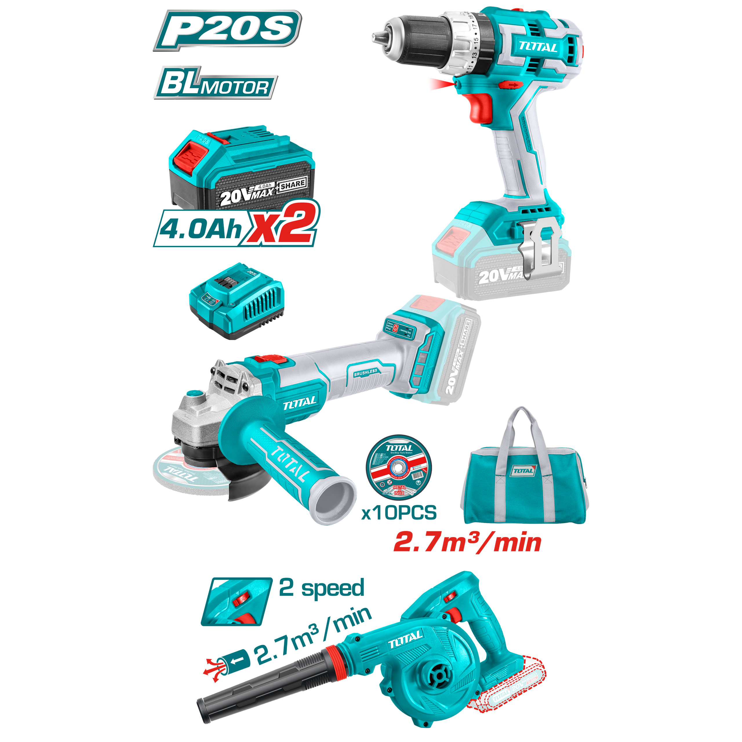 TOTAL 20V Cordless 3 in 1 Combo Kit - Drill, Grinder, Blower