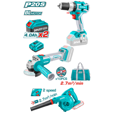 TOTAL 20V Cordless 3 in 1 Combo Kit - Drill, Grinder, Blower