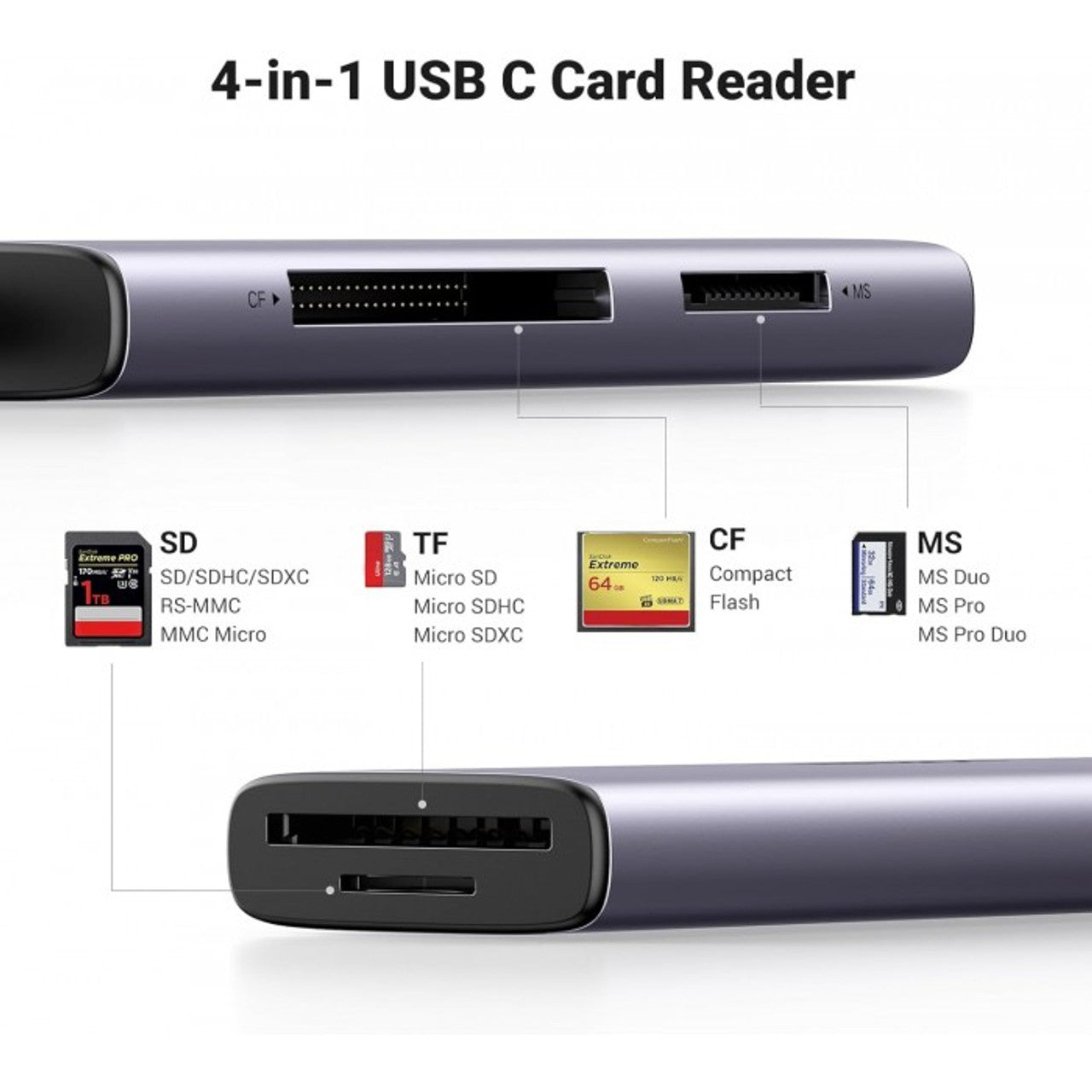 قارئ كروت USB-C 4 في 1 من UGREEN بمنفذ CF/SD/TF/MS