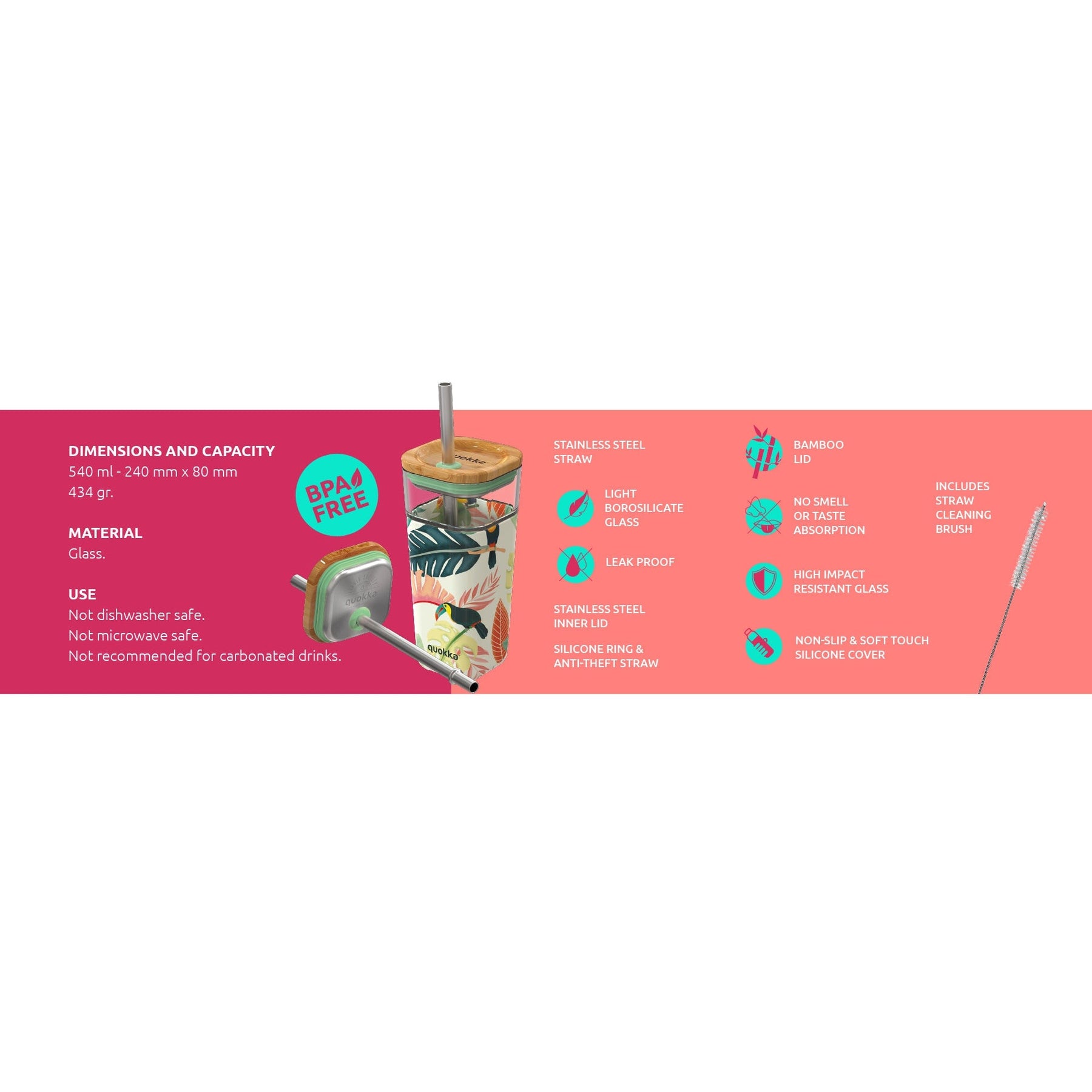 QUOKKA Glass Straw Tumbler 540ml Teal Gradient Design with Bamboo Lid QUOKKA Glass Straw Tumbler 540ml Teal Gradient Design with Bamboo Lid