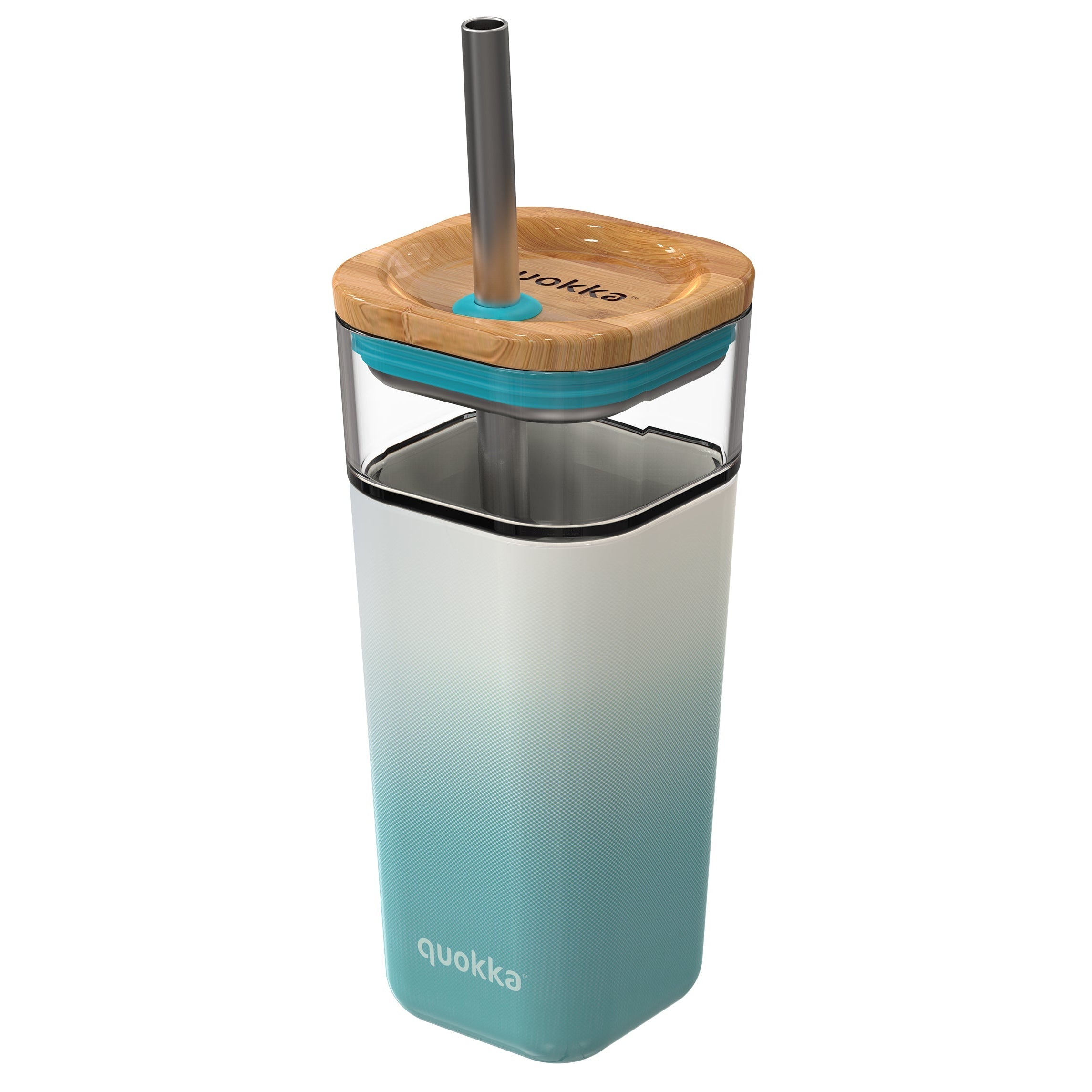 QUOKKA Glass Straw Tumbler 540ml Teal Gradient Design with Bamboo Lid