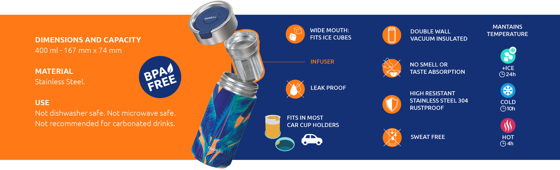 QUOKKA Thermal Coffee Tumbler 400ml - Boost Blue Peonies Design QUOKKA Thermal Coffee Tumbler 400ml - Boost Blue Peonies Design