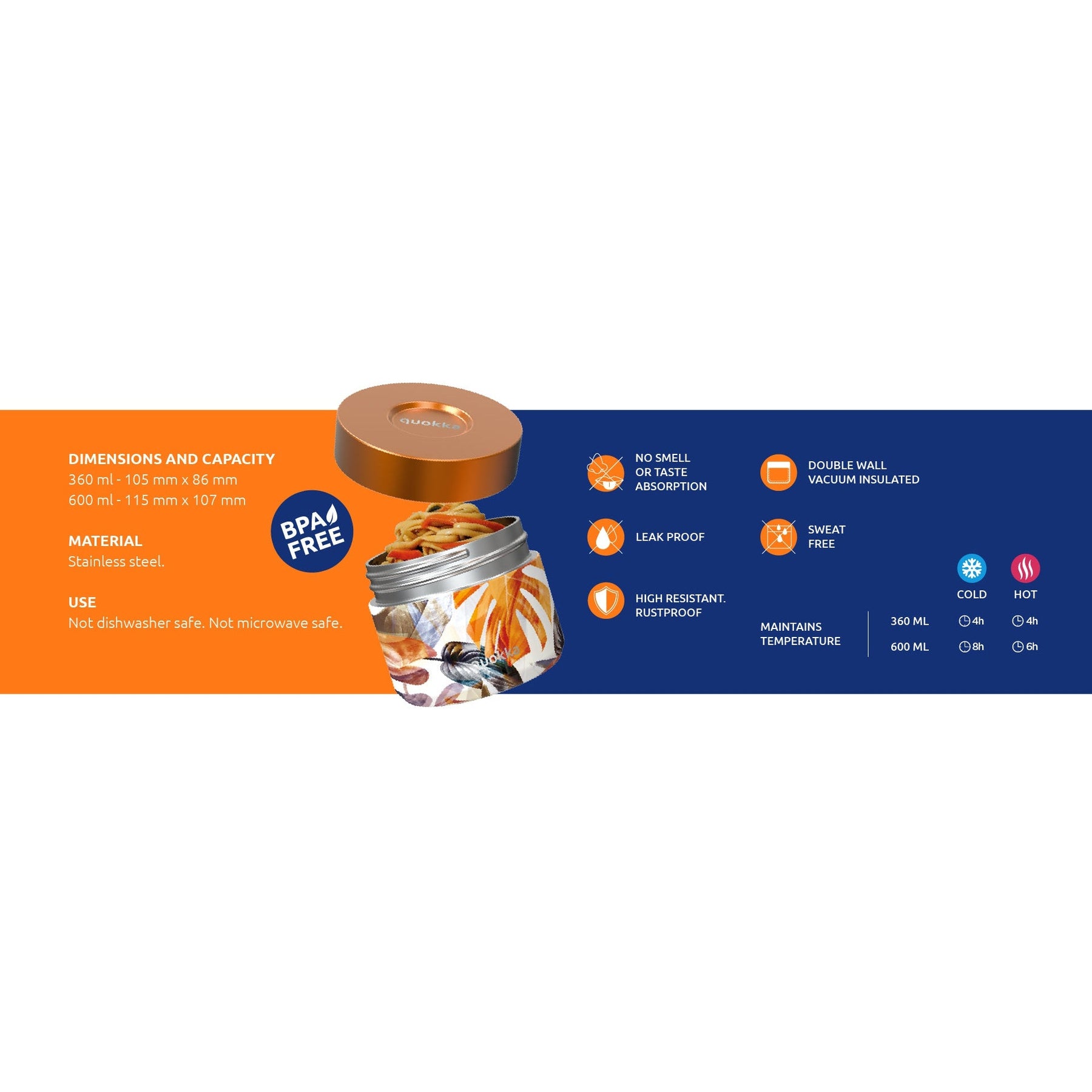 QUOKKA Thermal Food Jar 369ml - Whim Blue Garden Design QUOKKA Thermal Food Jar 369ml - Whim Blue Garden Design