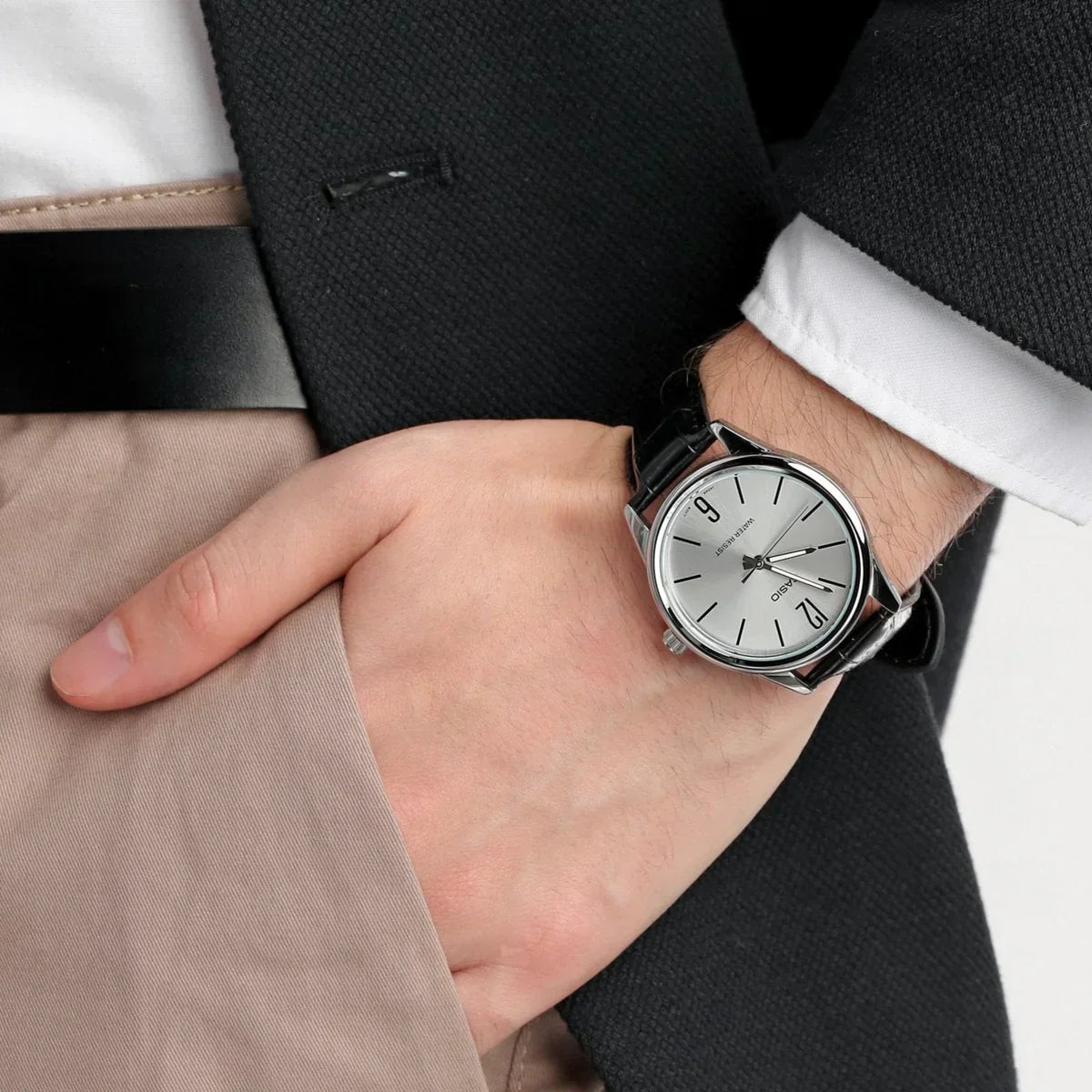 CASIO Simple Analog Watch Model MTP-V005L-7BU in Silver Dial & Black Leather Strap CASIO Simple Analog Watch Model MTP-V005L-7BU in Silver Dial & Black Leather Strap