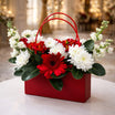 Flower handbag base 14 - red gerbera and white chrysanthemum arrangement in a red handbag box