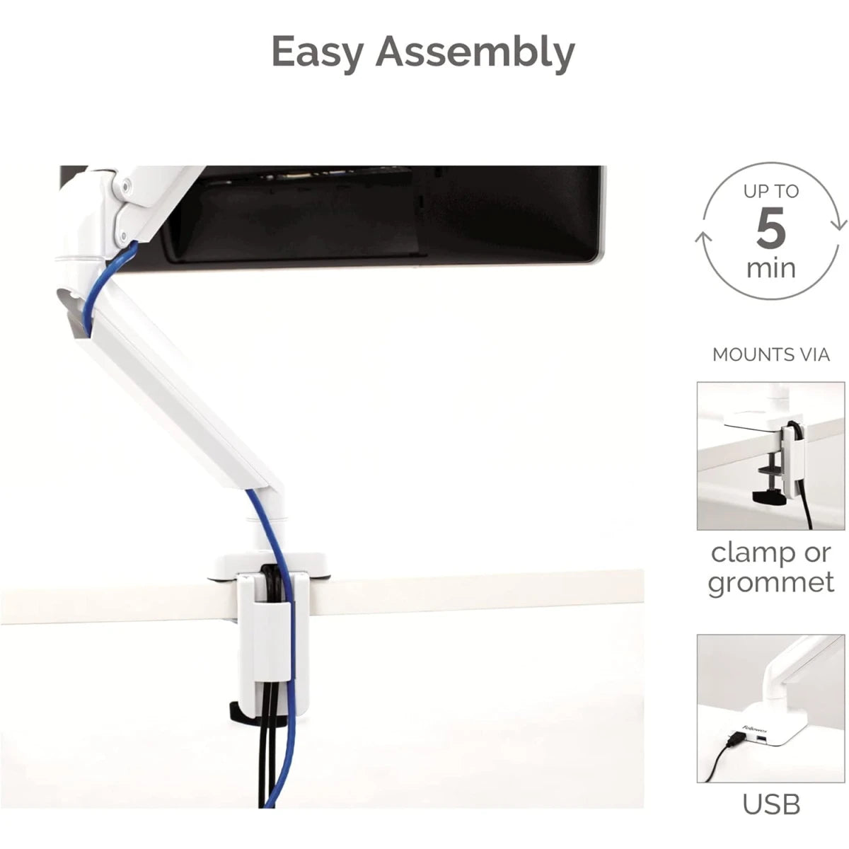 Fellowes Platinum Series Single Adjustable Monitor Arm - White