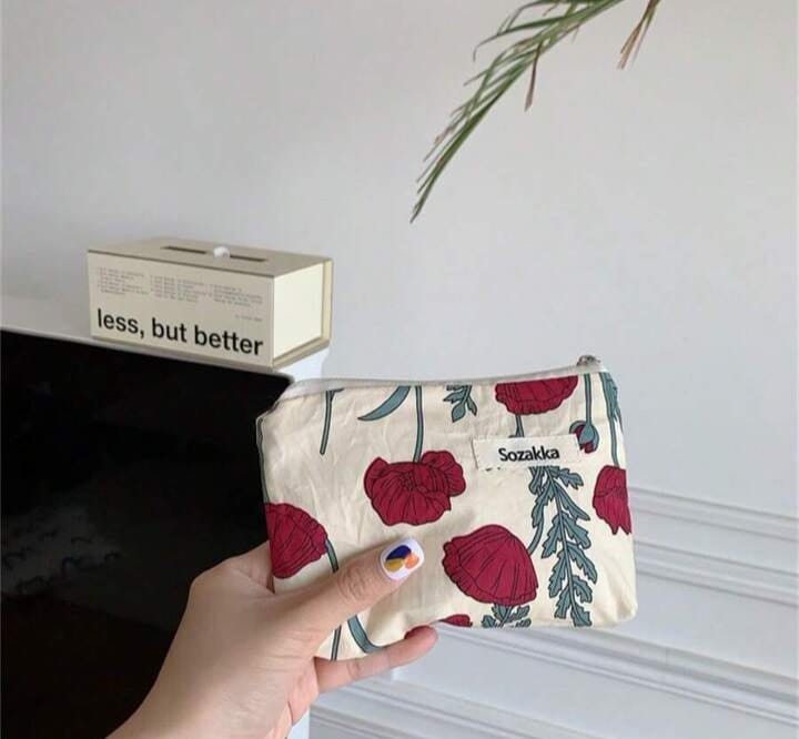 Floral Printed Zipper Cosmetic Bag, One Piece Korean Style Nice Women Travel Makeup Bags with Rope, Suitable for Lipstick,