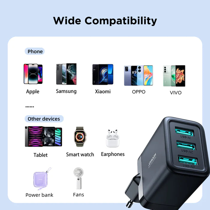 Joyroom 3USB Charger 3.4A Fast Charging & Safe Design - Black Joyroom 3USB Charger 3.4A Fast Charging & Safe Design - Black
