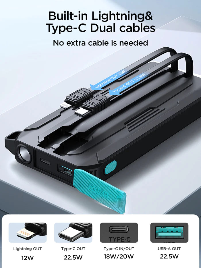 Joyroom 22.5W Power Bank with Dual Cables 10000mAh /With USB-A to Type-C 0.25m Cable - Black
