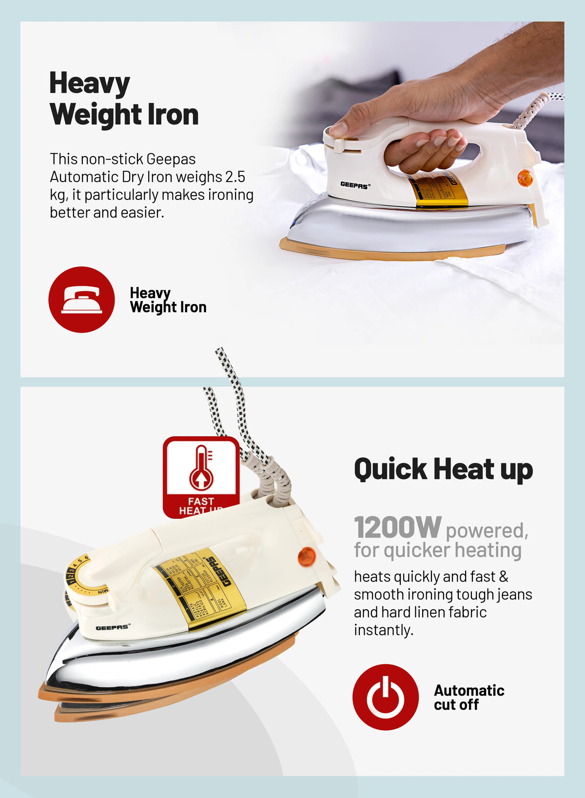 Geepas Heavyweight Dry Iron 1200W Teflon Non-Stick Soleplate Geepas Heavyweight Dry Iron 1200W Teflon Non-Stick Soleplate