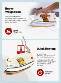 Geepas Heavyweight Dry Iron 1200W Teflon Non-Stick Soleplate