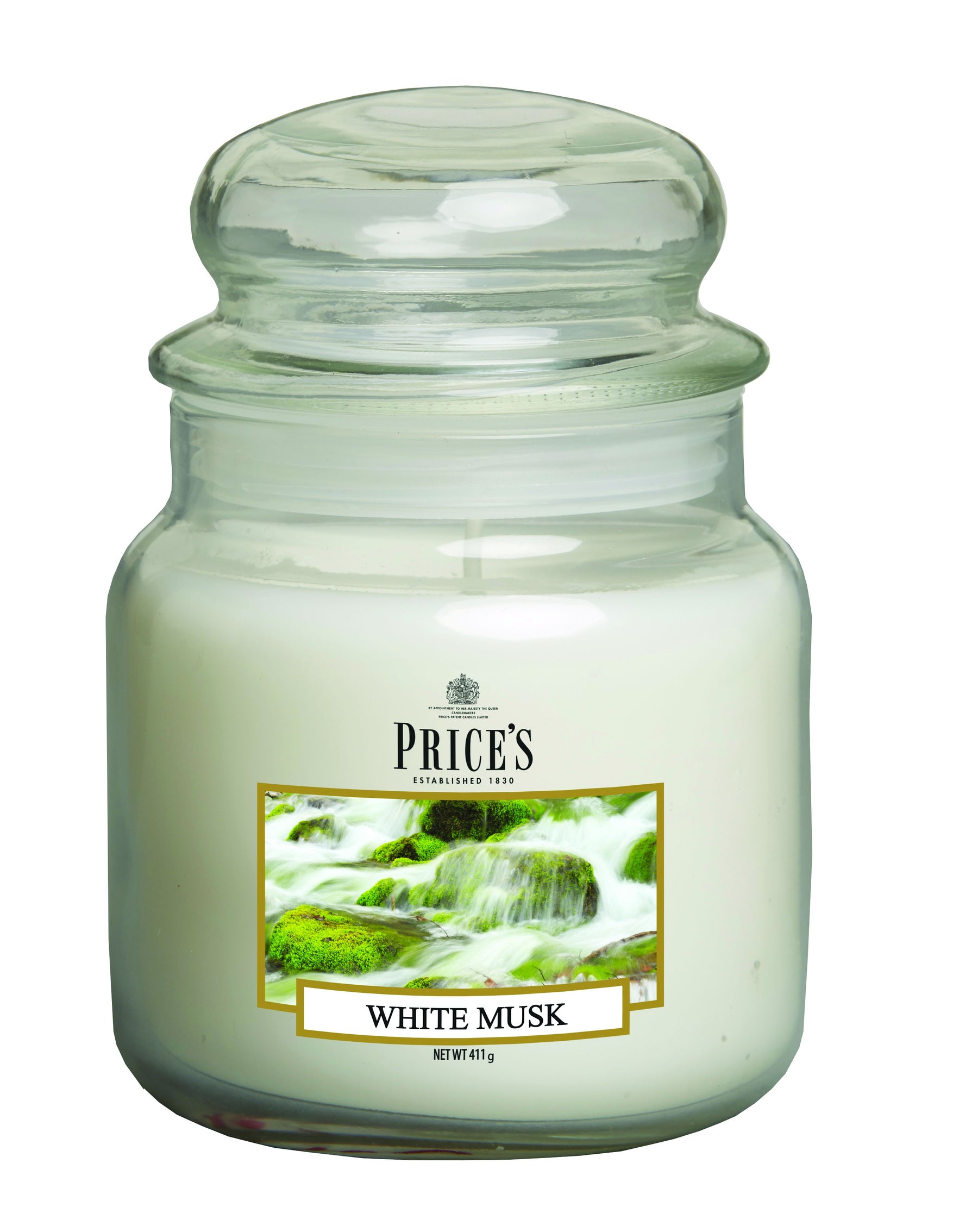شمعة معطرة متوسطة الحجم برائحة المسك الأبيض بغطاء. شمعة معطرة متوسطة الحجم برائحة المسك الأبيض بغطاء.