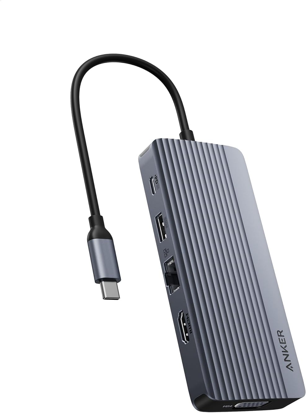 موزع أنكر USB-C (10 في 1، شاشة مزدوجة) – HDMI بدقة 4K، VGA، شحن سريع بقدرة 100 واط، إيثرنت، SD/microSD