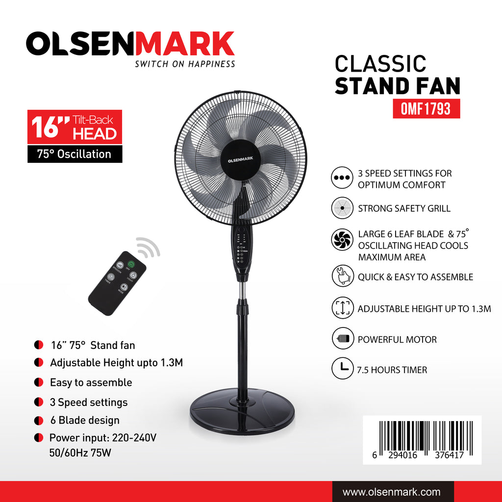Olsenmark 16 Stand Fan 3 Speeds Remote 6 Blades olsenmark-16-stand-fan-3-speeds-remote-6-blades