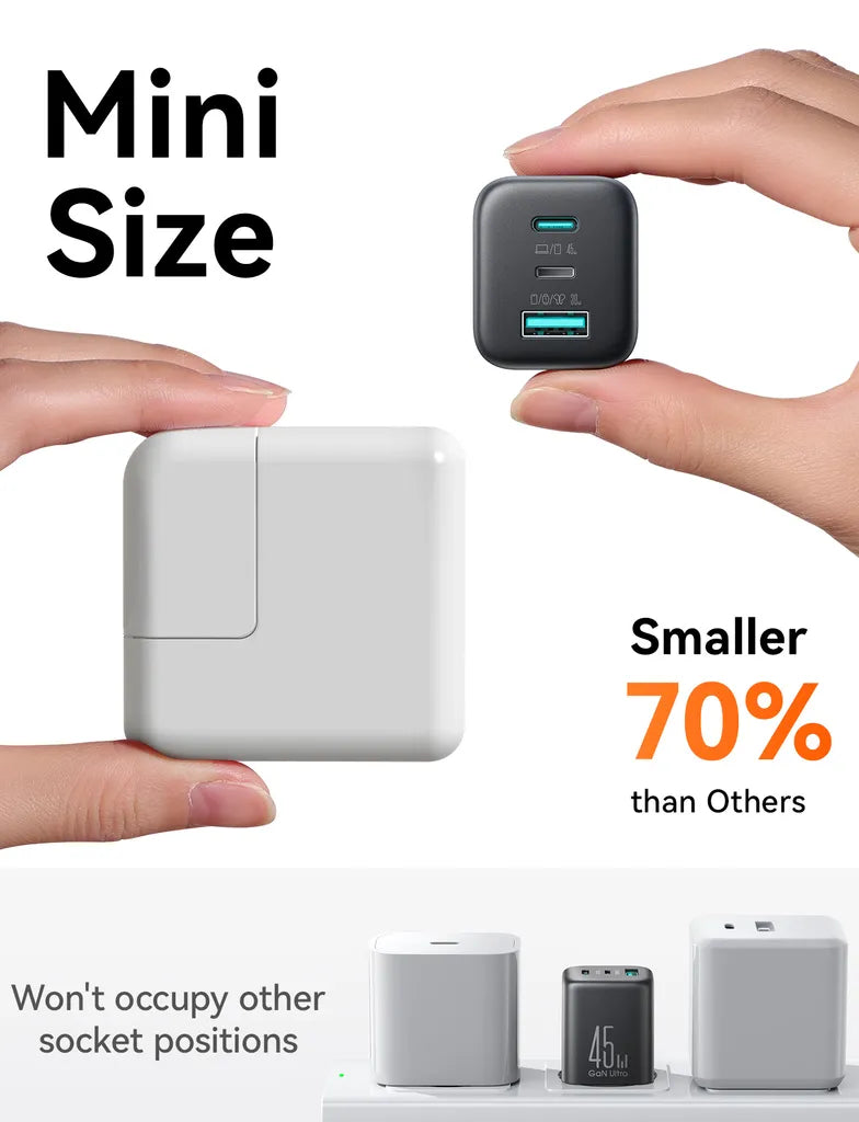 شاحن Joyroom JR‑TO1 GaN 45W 3 منافذ – USB‑C & USB‑A