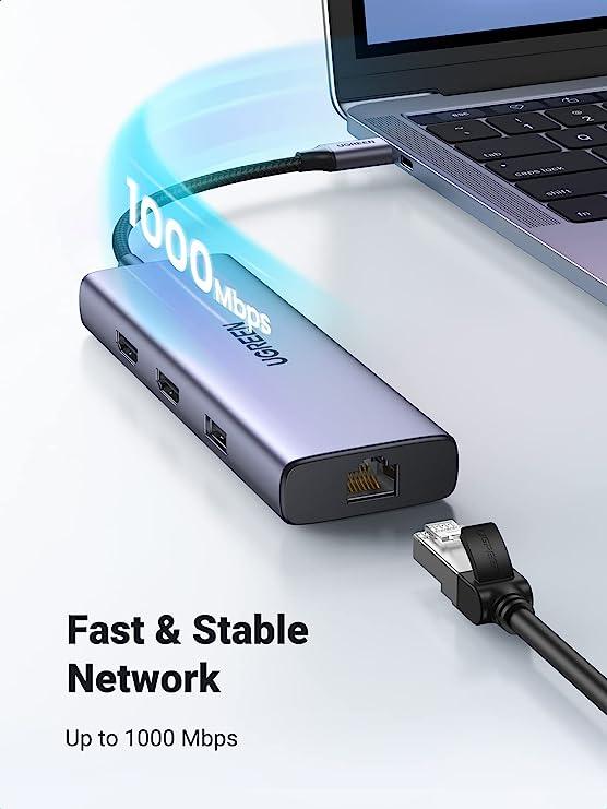 محول إيثرنت USB-C إلى 2*USB 3.0+HDMI+RJ45+PD من UGREEN 