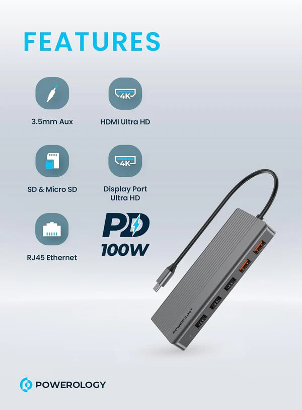 Powerology USB-C موزع 12 في 1 - أداء واتصال فائقين Powerology USB-C موزع 12 في 1 - أداء واتصال فائقين