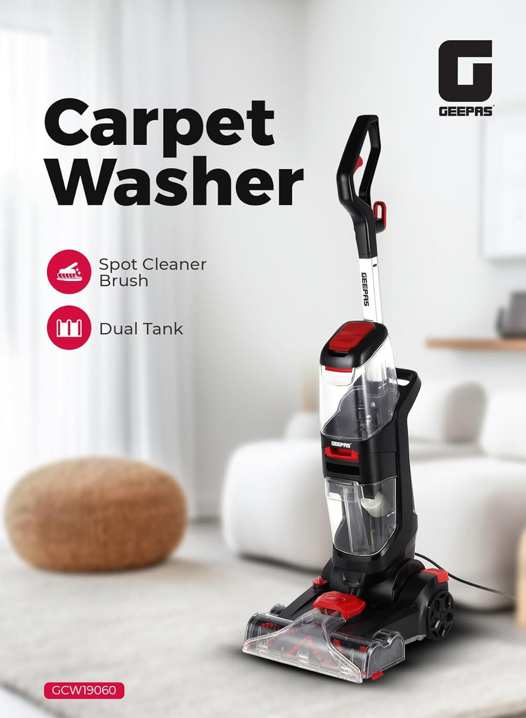 Deep Clean Machine Geepas Carpet Washer GCW19060 - 800W Dual Brush Deep Cleaning Machine