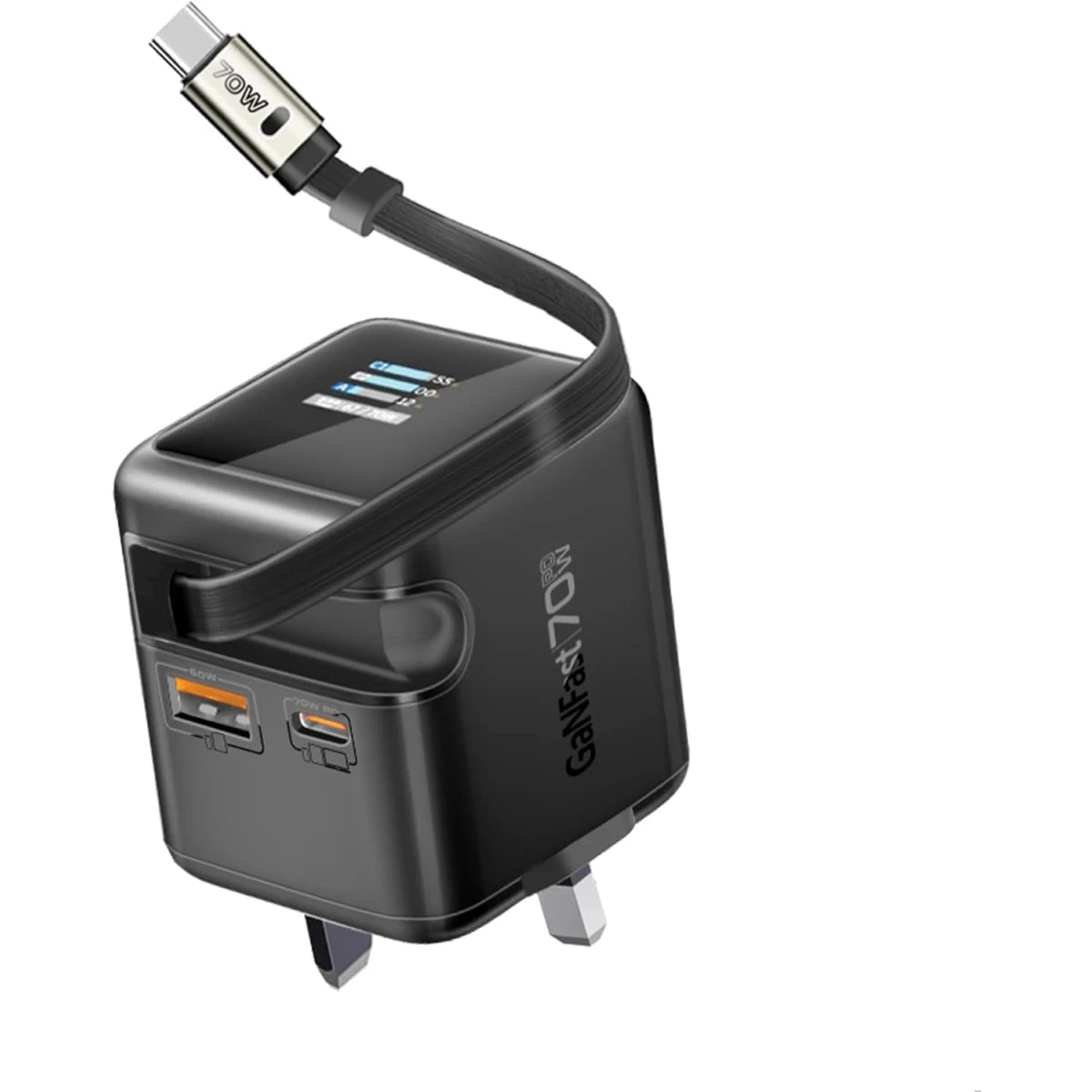 Promate Cubix-R70 GaN Wall Charger with Retractable USB-C Cable 70W - Black