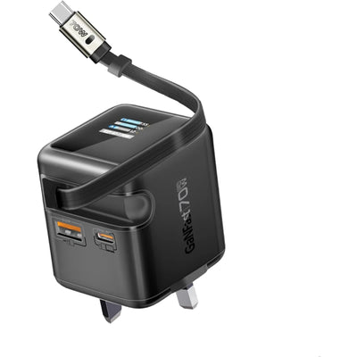Promate Cubix-R70 GaN Wall Charger with Retractable USB-C Cable 70W - Black