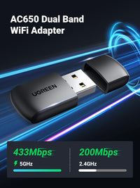 قطعة واي فاي UGREEN AC650 USB مزدوجة التردد للكمبيوتر