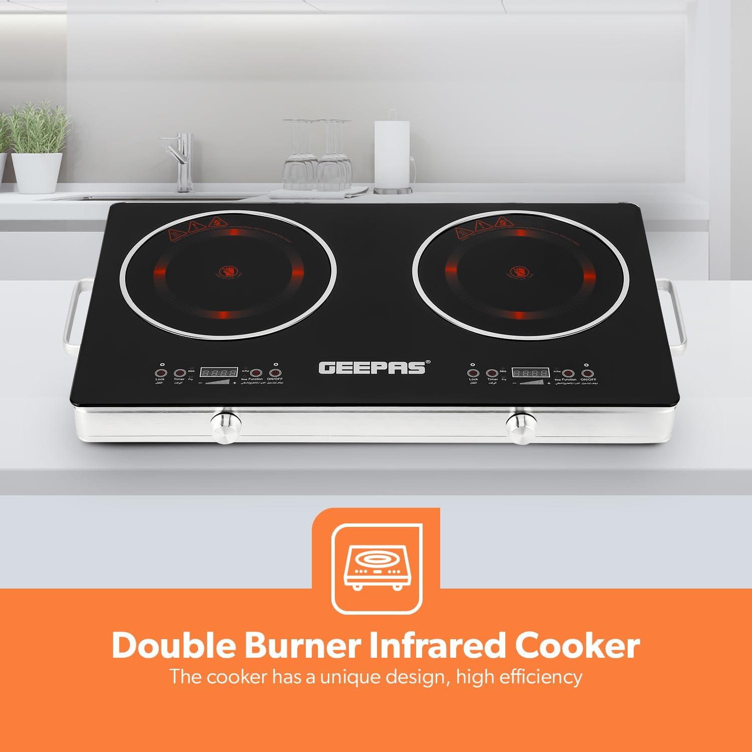 Geepas GIC6131N Digital Infrared Cooker 3000W Double Hob | Touch & Knob Control
