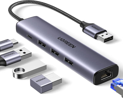 محول UGREEN USB إلى إيثرنت 5 في 1 بمنفذ RJ45 و3 USB