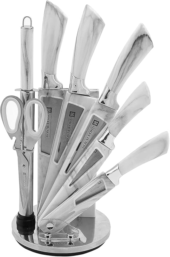 Royalford 8-Piece Knife Set with Rotating Stand – White Royalford 8-Piece Knife Set with Rotating Stand – White