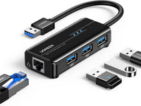 UGREEN Hub USB 3.0 مع منفذ إيثرنت جيجابت و3 منافذ USB - متوافق مع Mac وPC