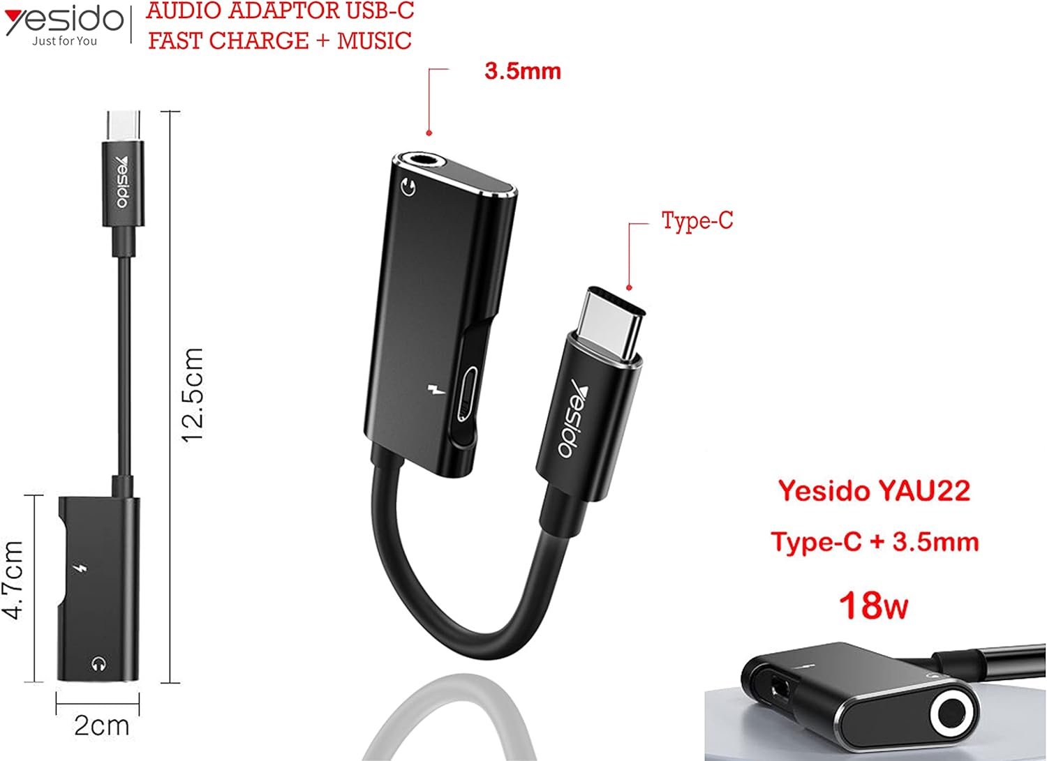 YESIDO USB-C Fast Charge Audio Adapter for Type-C Devices