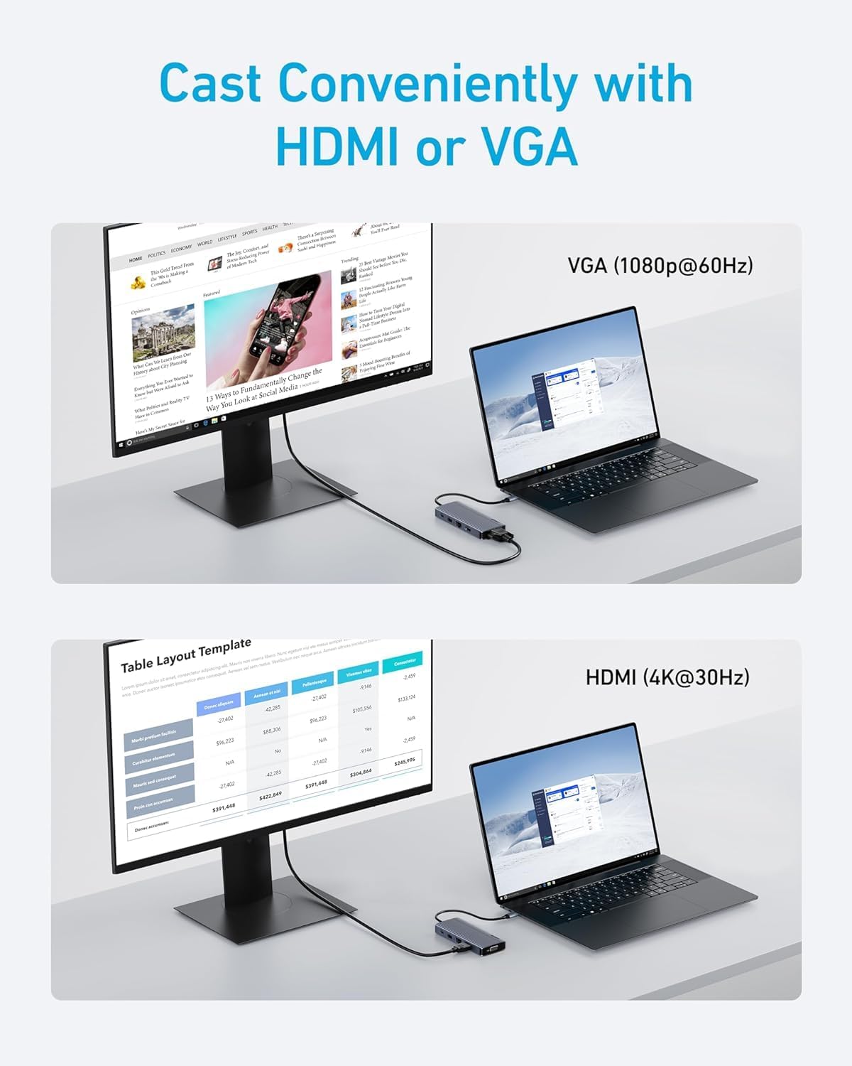 موزع أنكر USB-C (10 في 1، شاشة مزدوجة) – HDMI بدقة 4K، VGA، شحن سريع بقدرة 100 واط، إيثرنت، SD/microSD