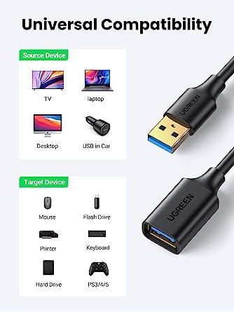 كابل تمديد يوجرين USB 3.0 ذكر إلى أنثى 1 متر (أسود)