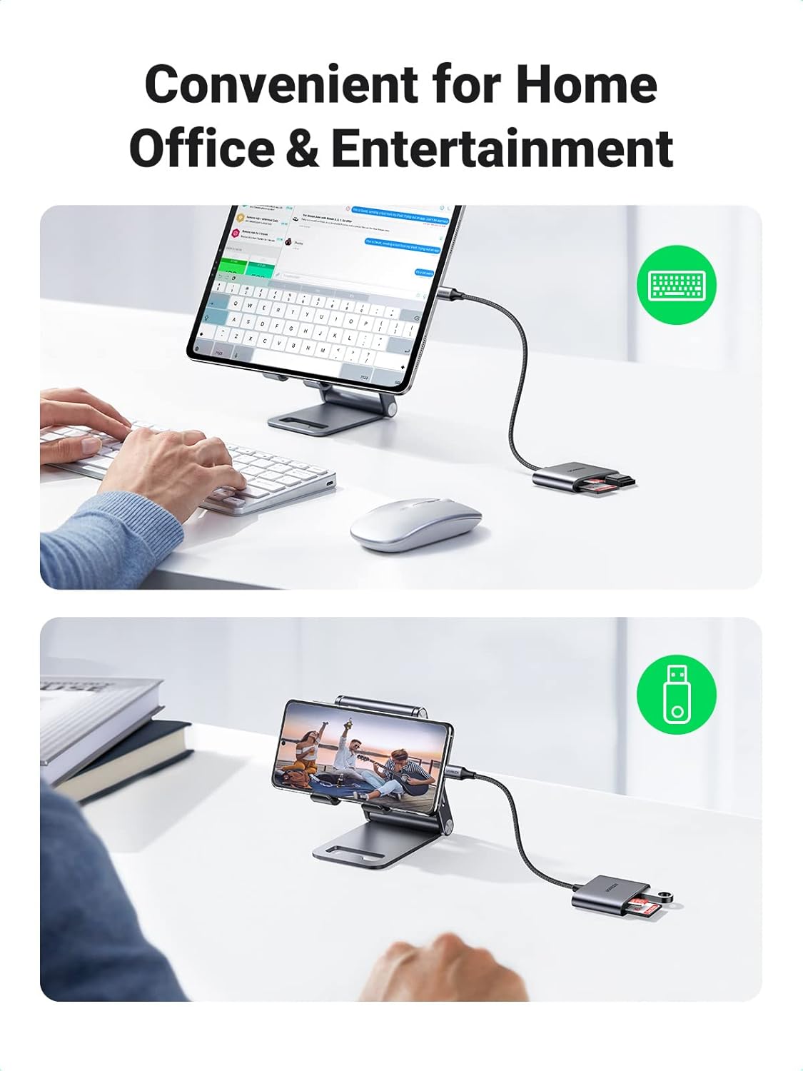 UGREEN قارئ كروت USB-C 3 في 1 بمدخل USB وذاكرة مزدوجة