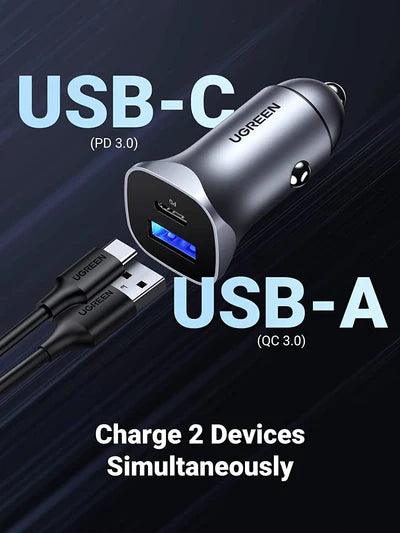 شاحن سيارة يوجرين مزدوج USB – رمادي فضائي، شحن سريع