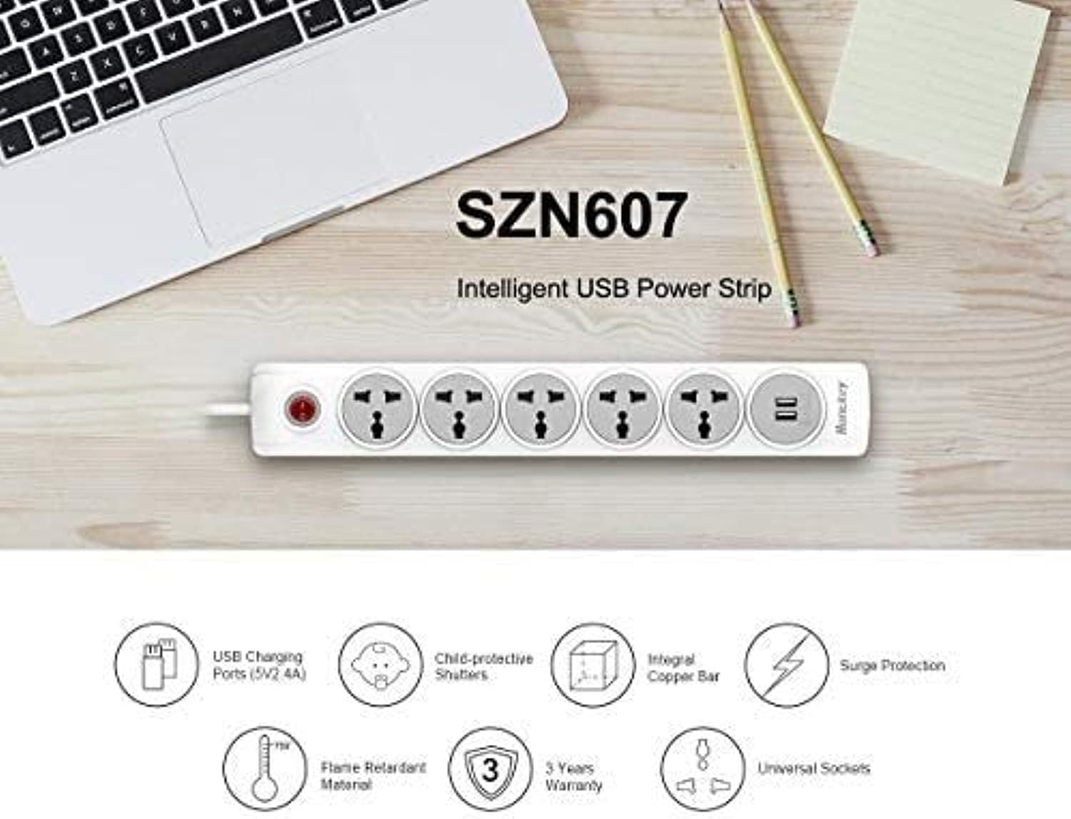 Huntkey Power Strip 5 Outlets 2 USB Ports 3m Cord