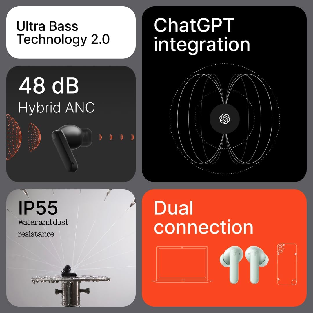 سماعات CMF Buds 2 (2025) - إلغاء ضوضاء فعال 48 ديسيبل، وصوت جهير عميق ومدة تشغيل تصل إلى 55 ساعة