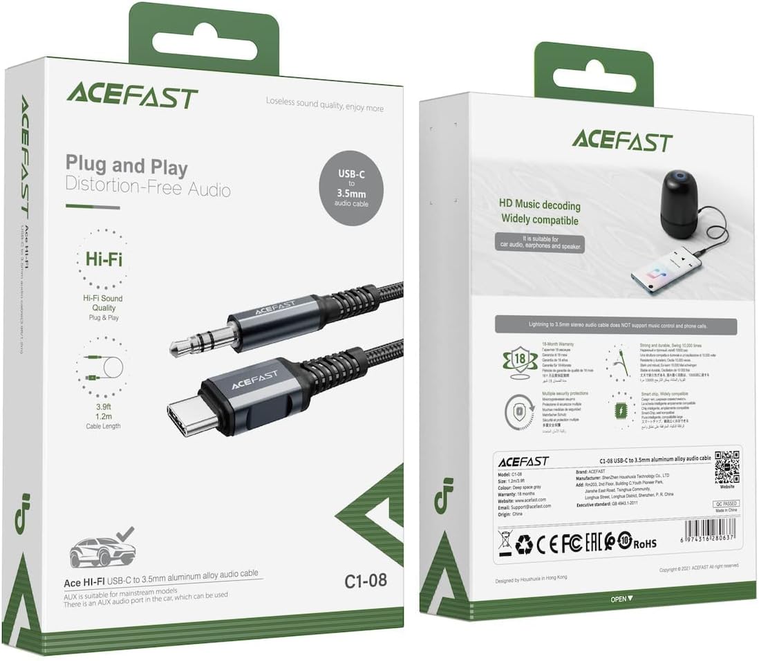 ACEFAST Lightning to 3.5mm Audio Cable - Hi-Fi Distortion-Free Sound for iPhone, iPad, iPod (1.2m/3.9ft) - Black C1-06