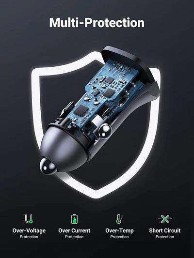 شاحن سيارة يوجرين مزدوج USB – رمادي فضائي، شحن سريع