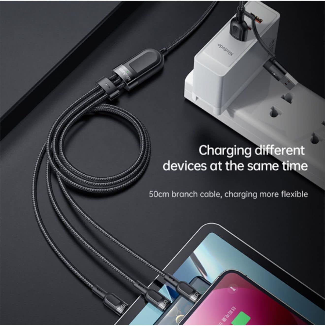 Mcdodo 2 In 3 100W Fast Charging PD Cable 1.2m for Multiple Devices - Black Mcdodo 2 In 3 100W Fast Charging PD Cable 1.2m for Multiple Devices - Black
