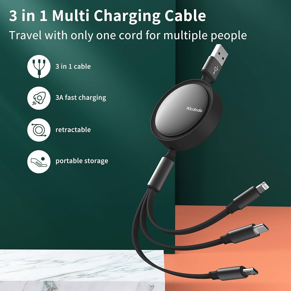 Mcdodo 3 in 1 Retractable Cable 1.2m Fast & Convenient Charging - Black & Green Mcdodo 3 in 1 Retractable Cable 1.2m Fast & Convenient Charging - Black & Green