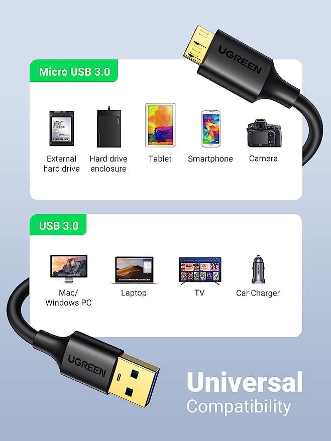 كابل يوجرين USB 3.0 A ذكر إلى Micro USB 3.0 ذكر بطول 1 متر (أسود)