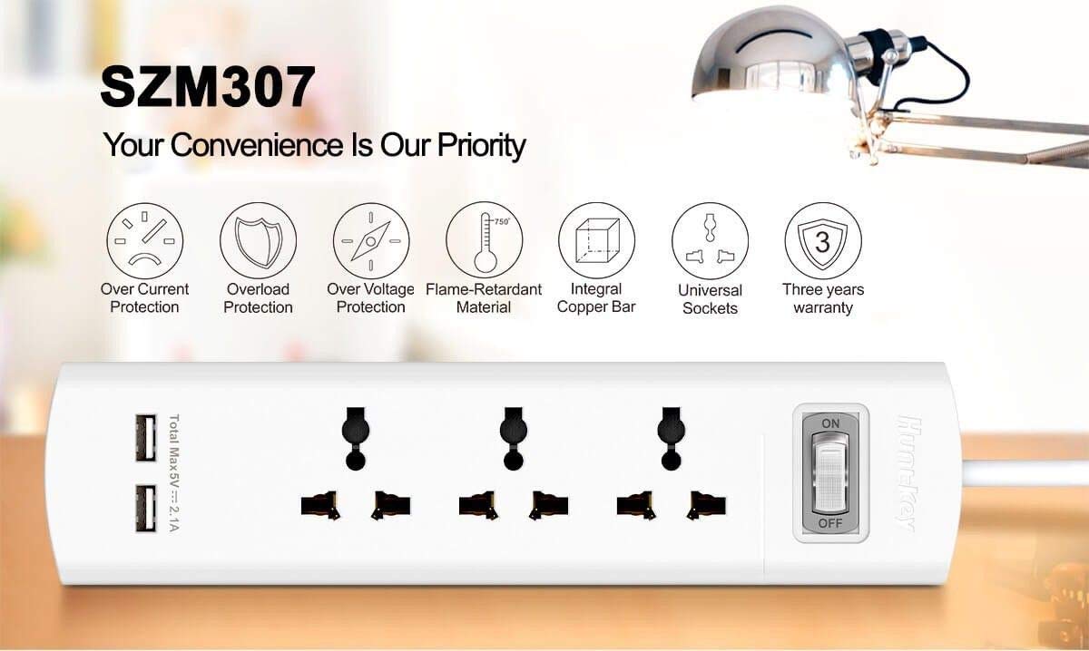 Huntkey Power Strip 3 Outlets 2 USB Ports Overload Protection