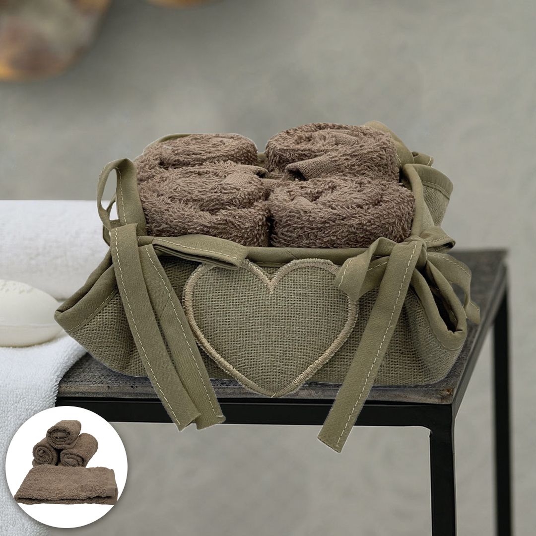Sophie Maison Vilnius 4 Small Towels Set with Basket - Brown