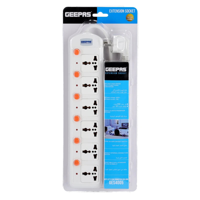 Geepas 6-Way Power Extension Board with Individual Switches, VDE Plug GES4005-VDE