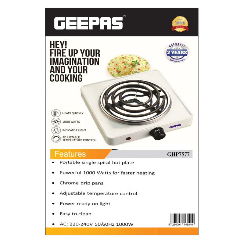 Geepas GHP7577 Single Hot Plate 1000W – White Geepas GHP7577 Single Hot Plate 1000W – White