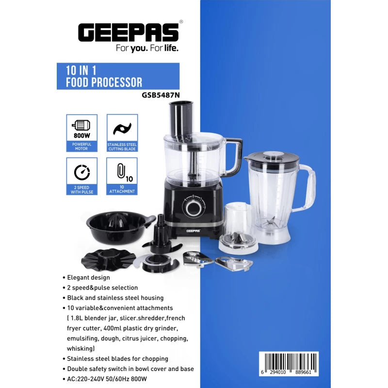Geepas GSB5487 10-in-1 Food Processor – 800W, Stainless Steel, Blender, Slicer, Juicer & More | Black