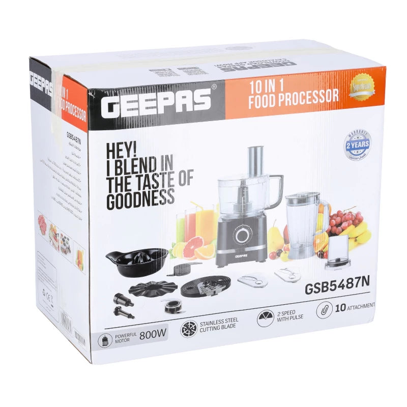 Geepas GSB5487 10-in-1 Food Processor – 800W, Stainless Steel, Blender, Slicer, Juicer & More | Black