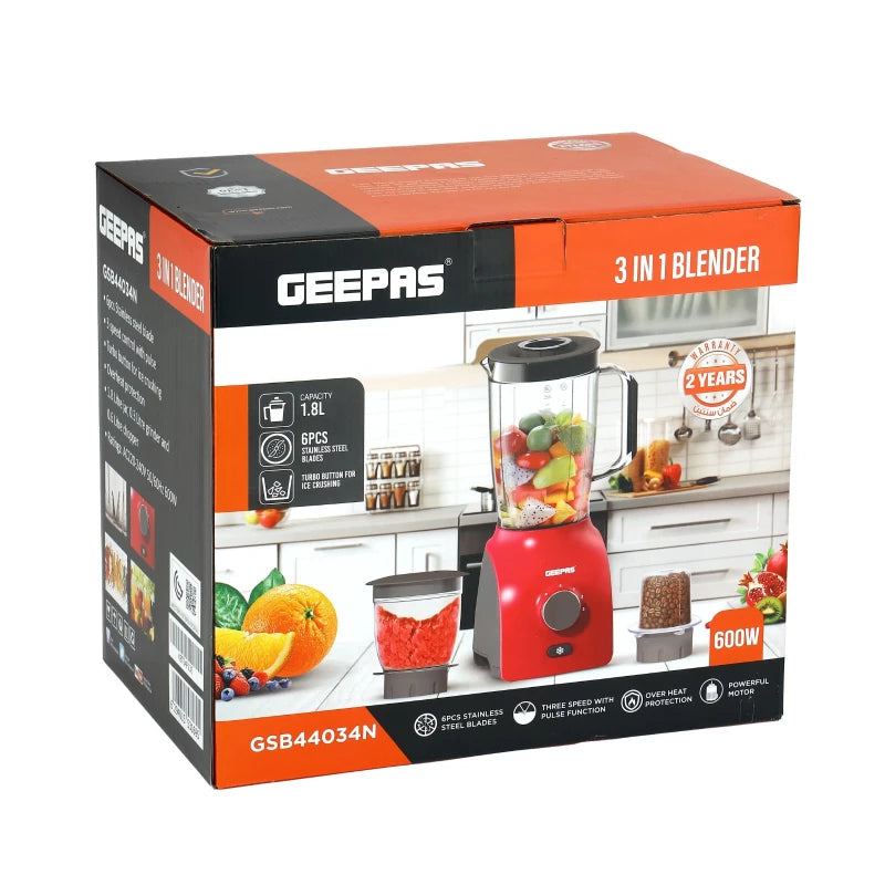 Geepas GSB44034N 3-in-1 Blender – 600W, 3 Speed & Pulse, Grinder & Chopper Attachments | White & Grey